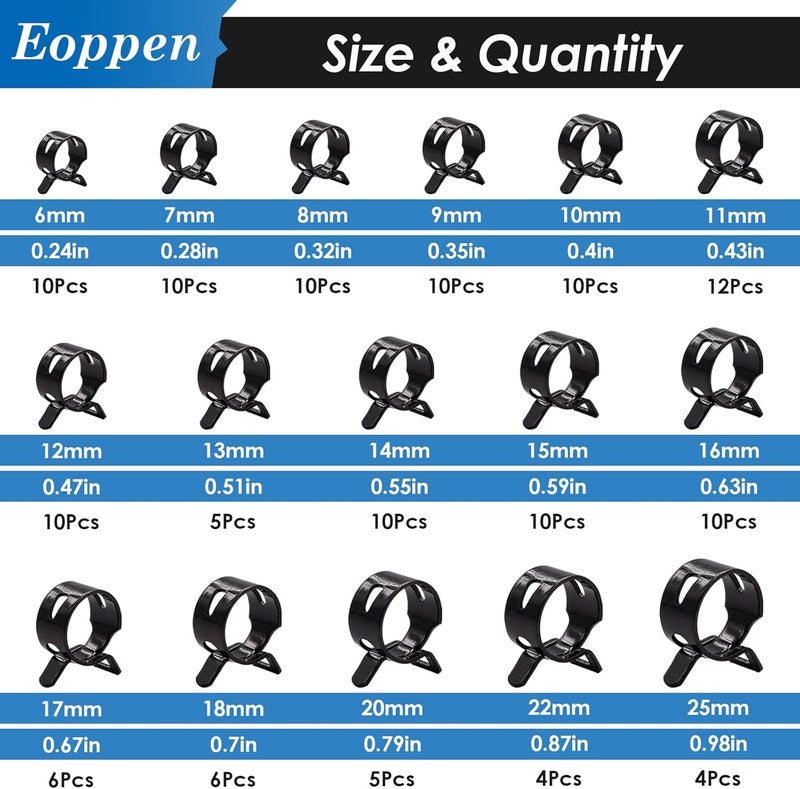 Eoppen 132Pcs 6-25mm Spring Hose Clamps Assortment Kit with Swivel Flat Band Fuel Hose Clamp Plier - 16 Sizes Fuel Line Silicone Vacuum Hose Low Pressure Air Clamps - Image 2